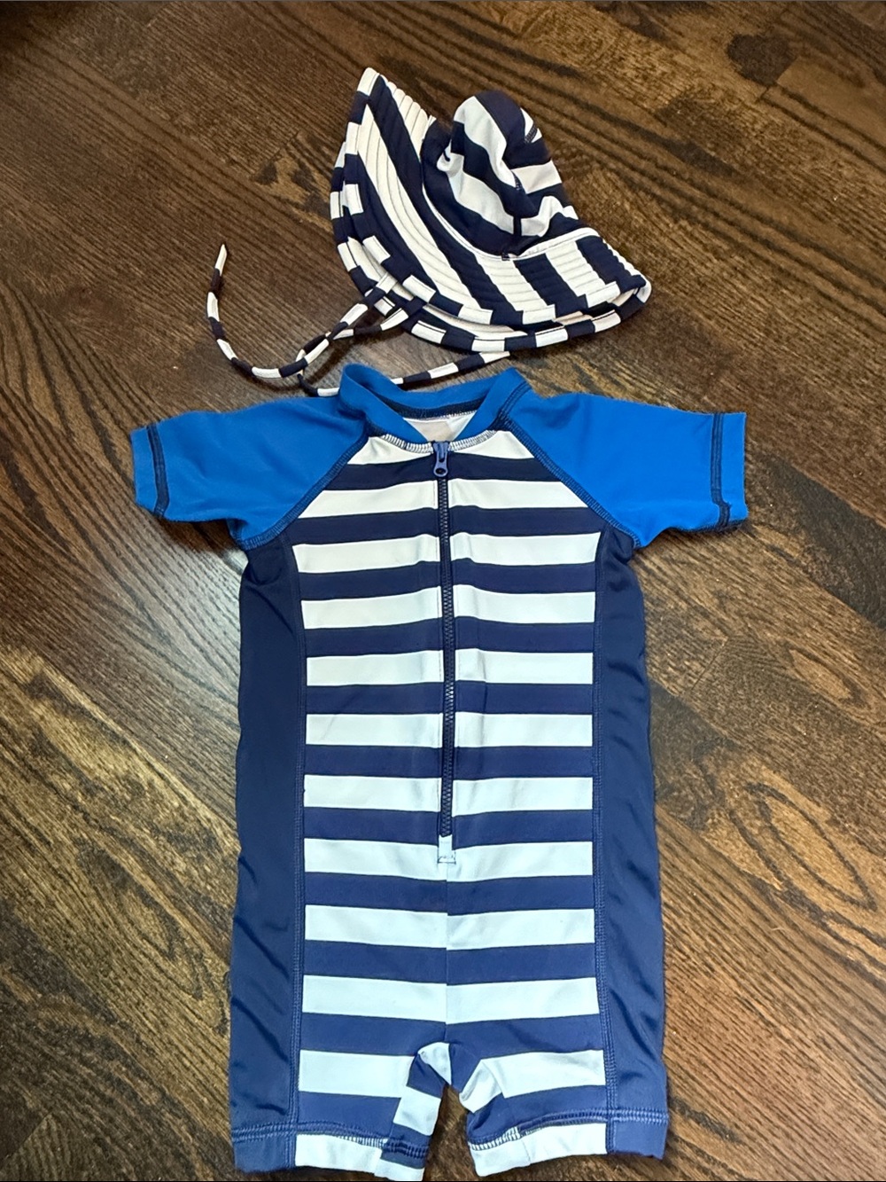 Navy & Blue Striped Kids One-Piece Rash Guard Swimsuit with Sun Hat